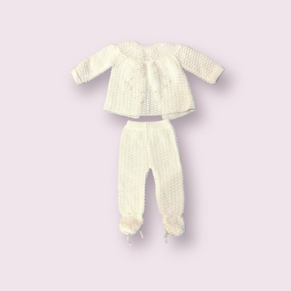 Vtg Italy Knit New Born Baby Layette Ribbon Sweater Pants White Wedding Baptism - Picture 12 of 15